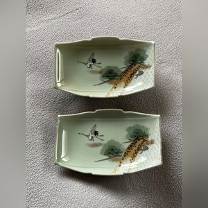 2PC. Lot  Green Crane Japanese Rectangular Condiment Plates *Replacement